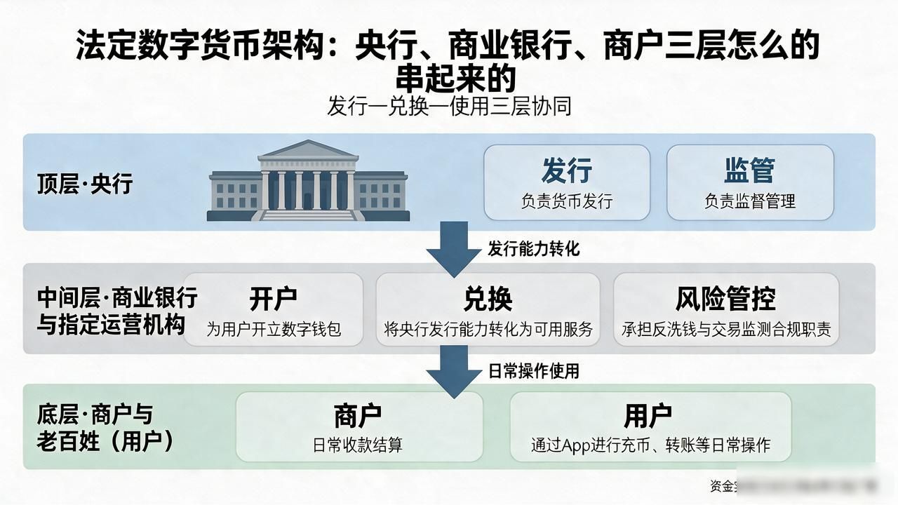 法定数字货币架构：央行、商业银行、商户三层怎么串起来的